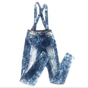 VIP Vintage Acid wash distressed denim overalls skinny jeans 3/4